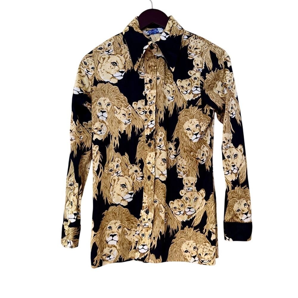 Vintage 70s Abstract Lion Print Funky Button Up Shirt